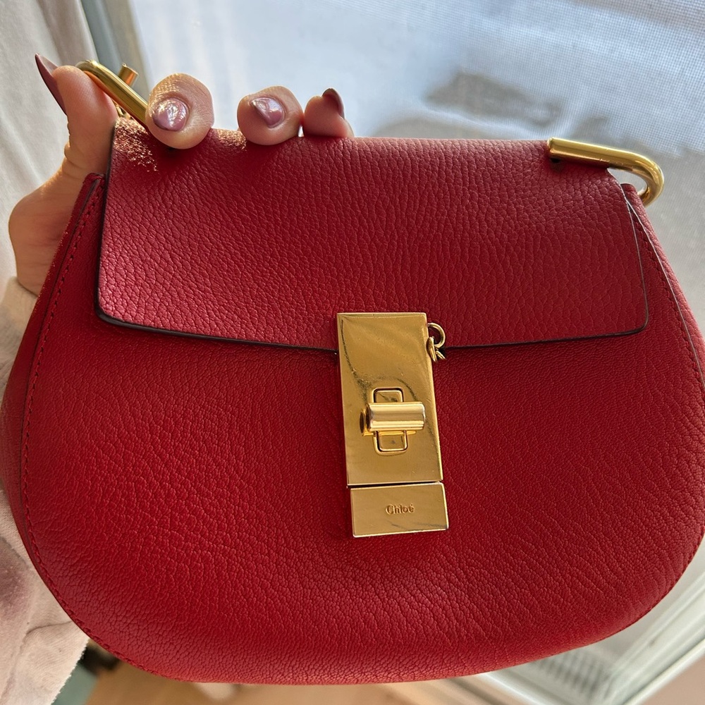 Chloe Red Leather Small Crossbody Saddle Bag with Gold Hardware - Picture 3 of 10